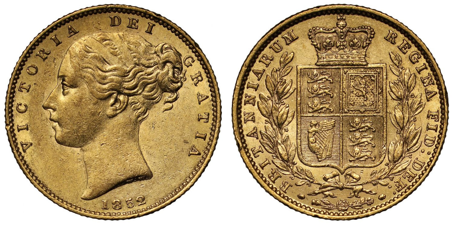 Victoria 1852 Sovereign shield reverse AU55