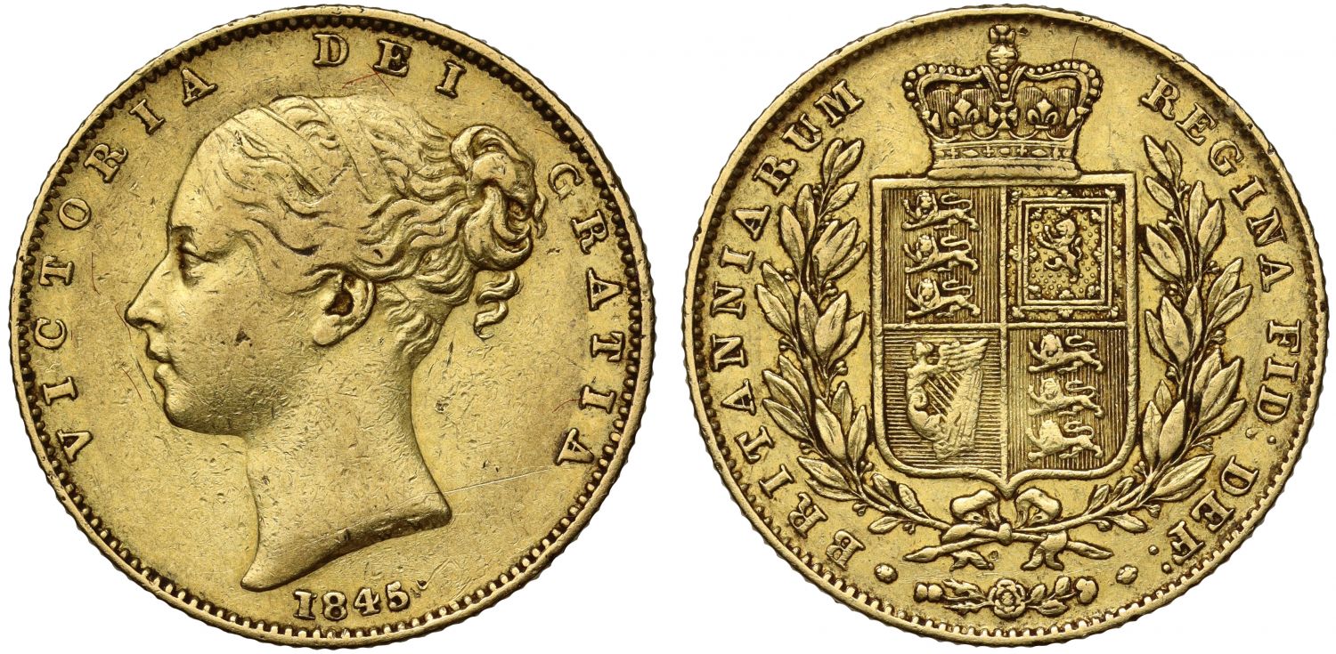 Victoria 1845 Sovereign Roman type I resulting from 1 over inverted 1