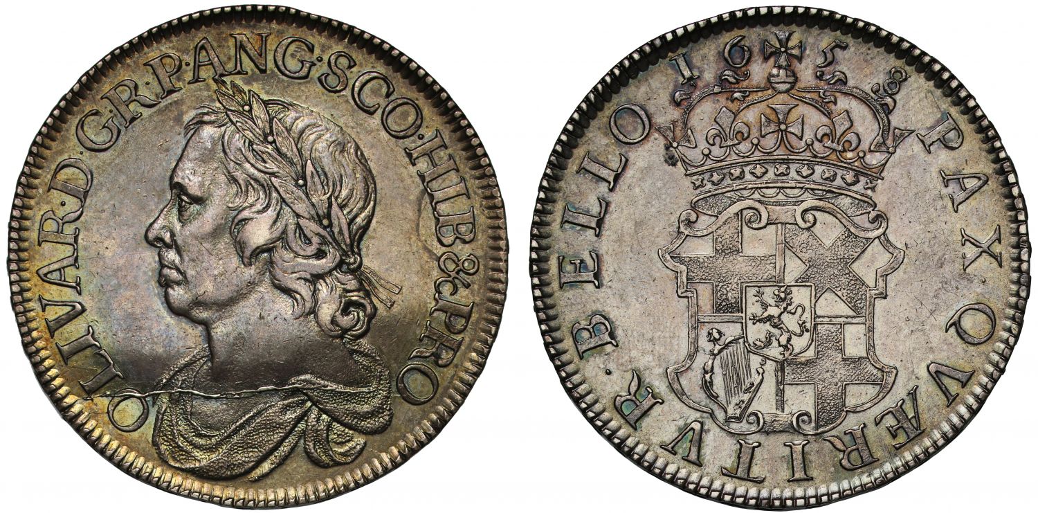Oliver Cromwell 1658 Crown, 8 struck over 7