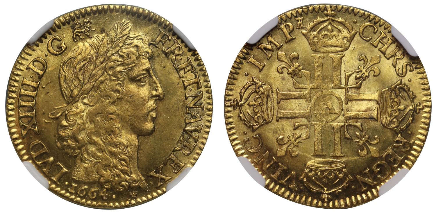 France, Louis XIV 1664-A Louis d'or au buste juvenile MS66, top pop.