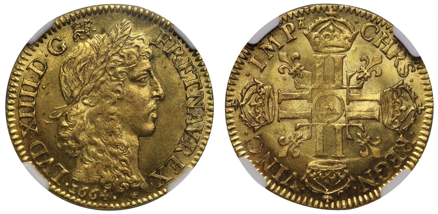 France, Louis XIV 1664-A Louis d'or au buste juvenile MS66, top pop.