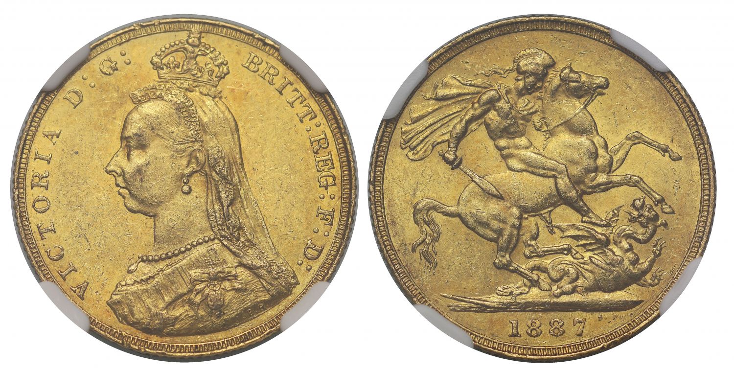 Victoria 1887 Sovereign Jubilee Head, first legend, imperfect J, DISH L7 MS61