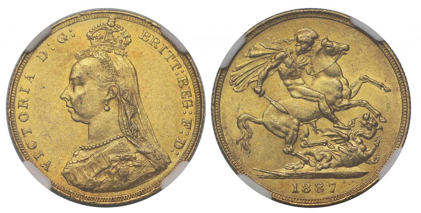 Victoria 1887 Sovereign Jubilee Head, first legend, imperfect J, DISH L7 MS61