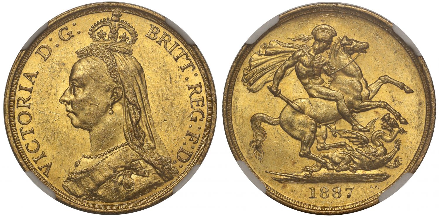 Victoria 1887 Two-Pounds, Golden Jubilee, MS61 small BP short date