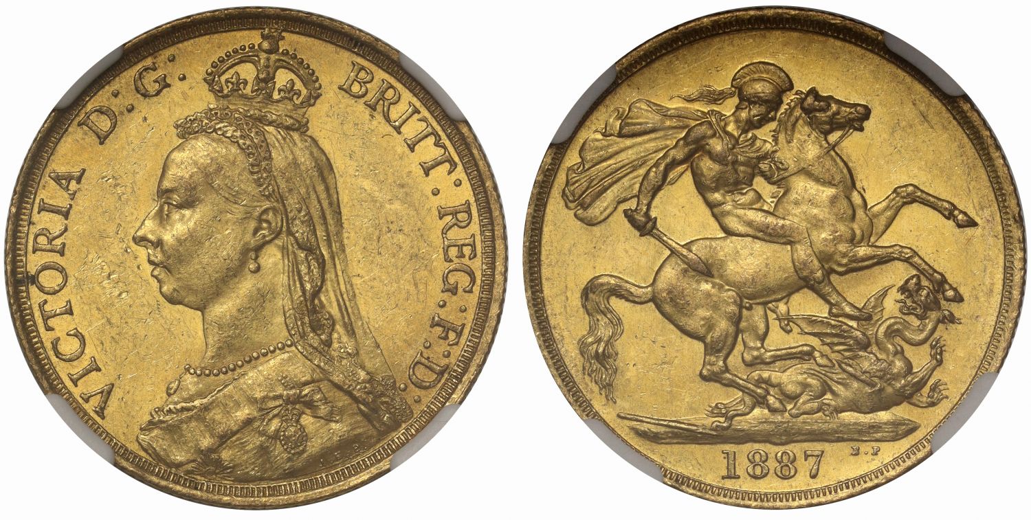 Victoria 1887 Two-Pounds, Golden Jubilee, MS61 large BP taller date