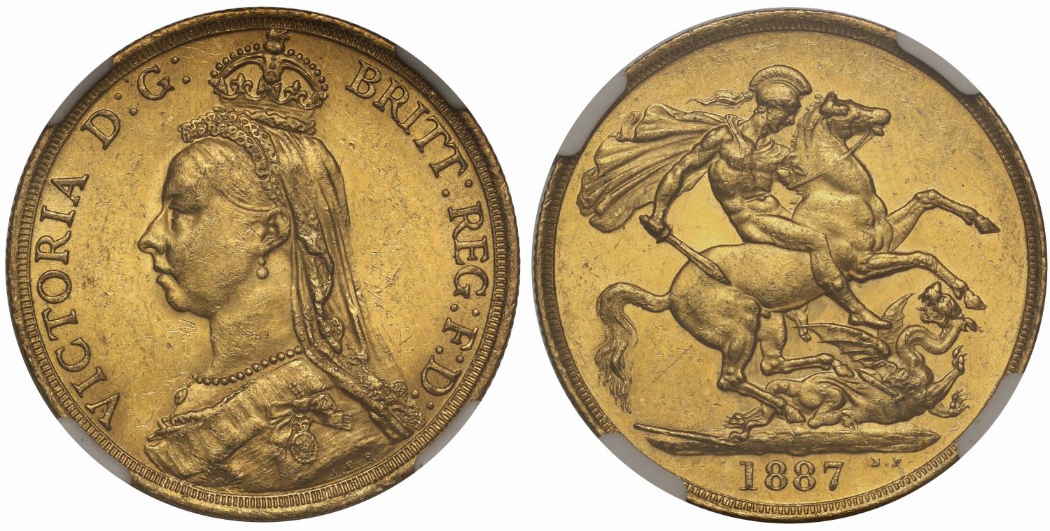Victoria 1887 Two-Pounds, Golden Jubilee, MS61 large BP taller date