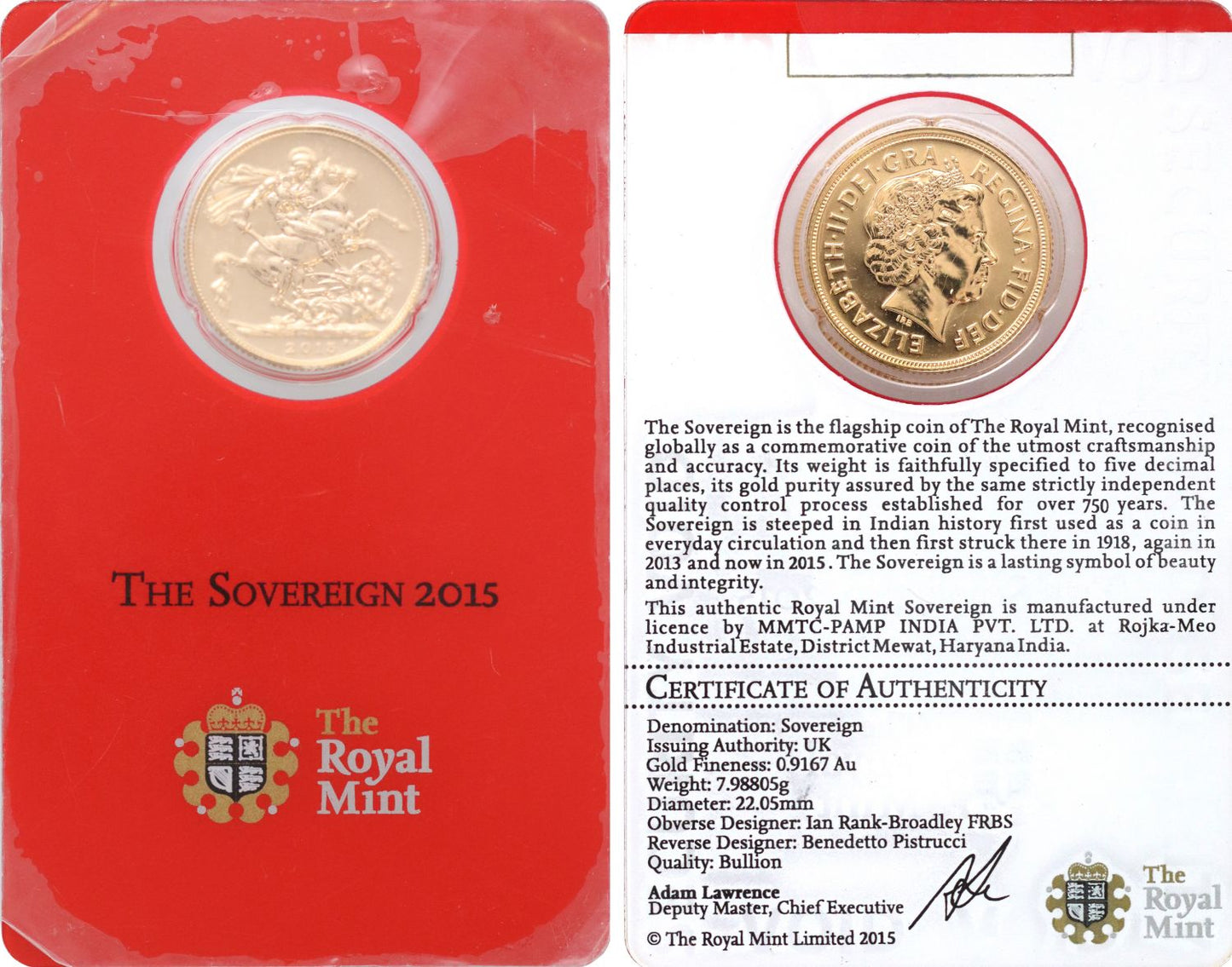* Elizabeth II 2015-I Sovereign BU in Royal Mint sleeve