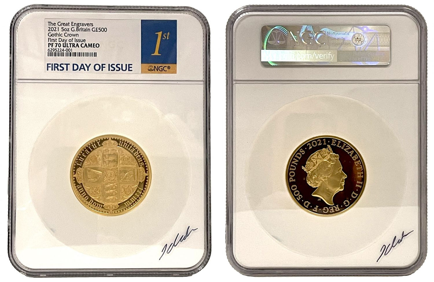 *Elizabeth II 2021 PF70 FDI gold 5oz Gothic Crown QA, signed by Jody Clark