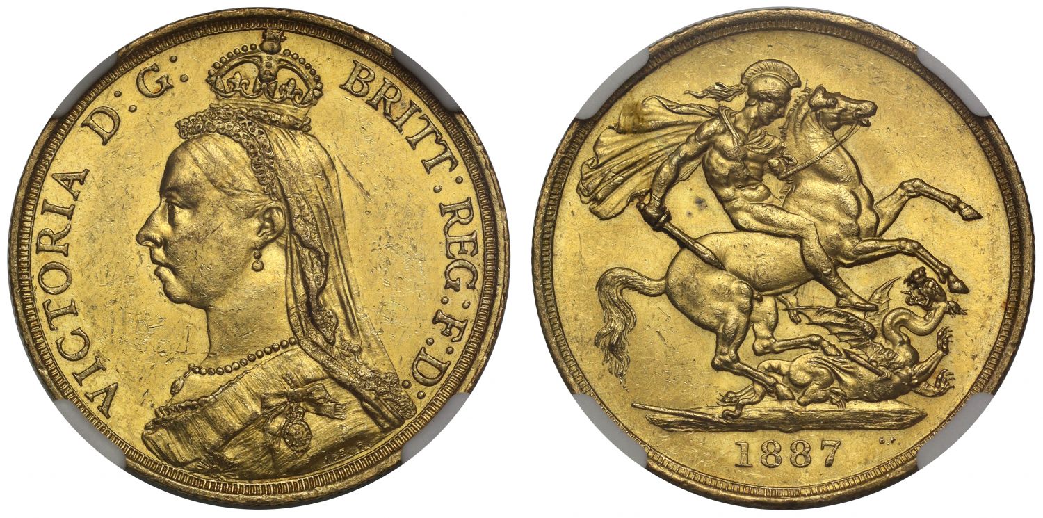 Victoria 1887 Two-Pounds MS60, Golden Jubilee issue, smaller date