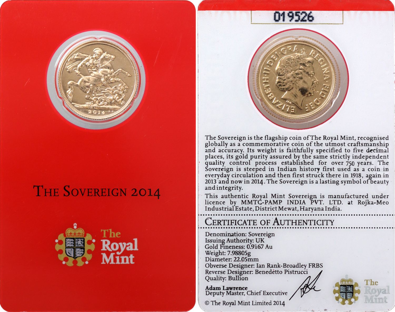 Elizabeth II 2014-I Sovereign BU in Royal Mint sleeve
