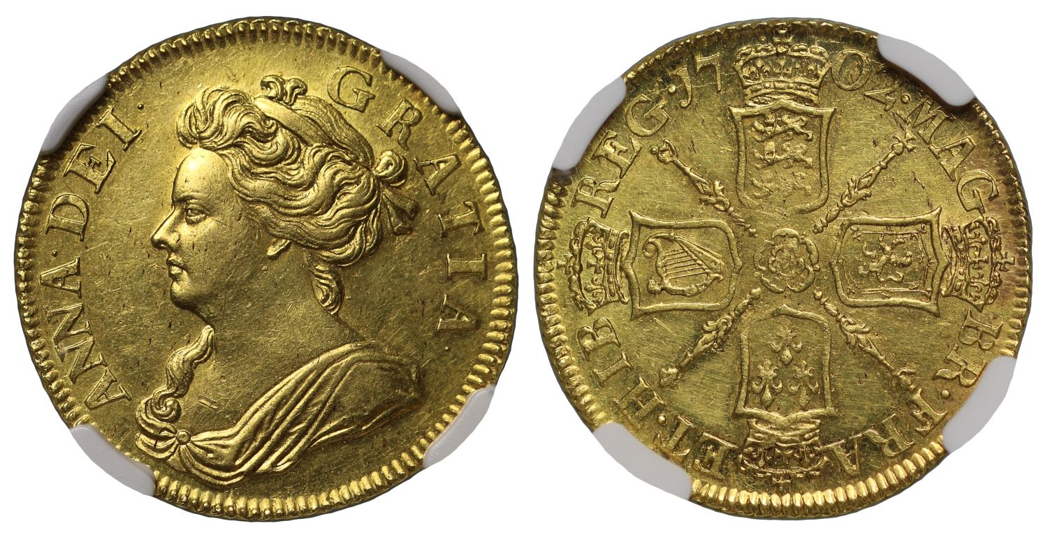 Anne 1702 Pre-Union type Guinea, first year for reign, MS60