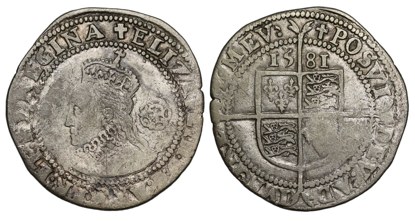 Elizabeth I 1581 Sixpence, mm Latin long cross
