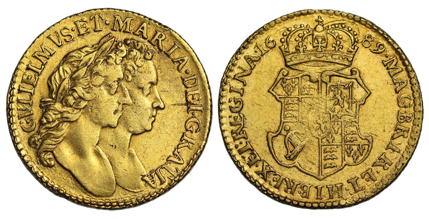 William and Mary 1689 Half-Guinea, first busts, first reverse, A into bust R2