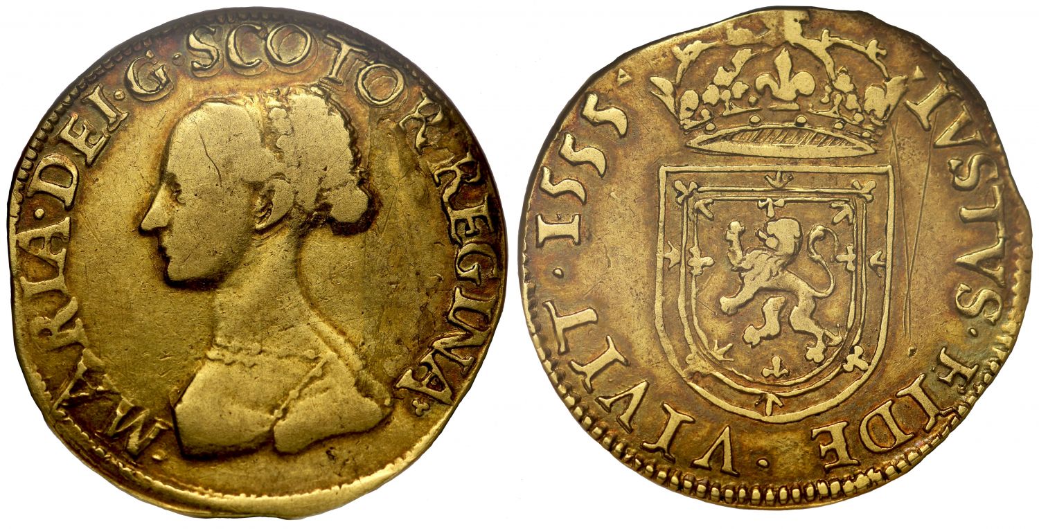 Scotland, Mary 1555 gold Three Pounds Ryal F15