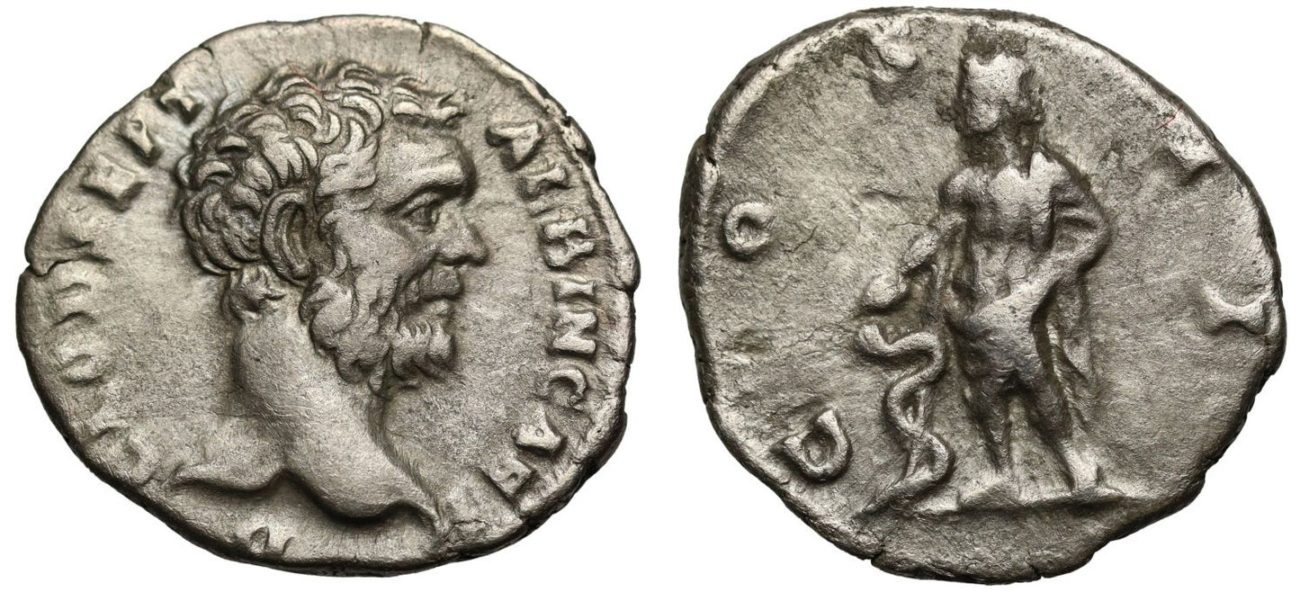 Romano-British Interest, Clodius Albinus, Caesar and Governor of Britain, Silver Denarius, Aesculapius
