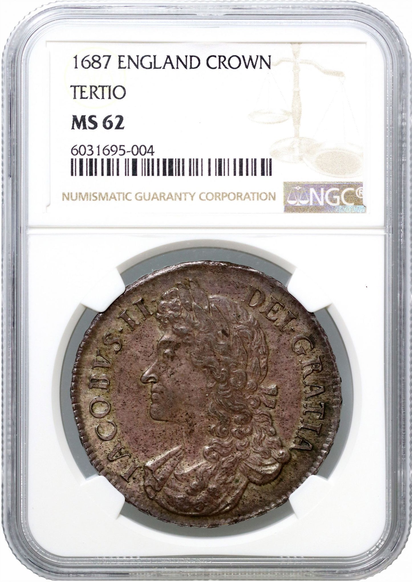 James II 1687 Crown, 2nd bust, edge TERTIO, MS62, off-centre die axis