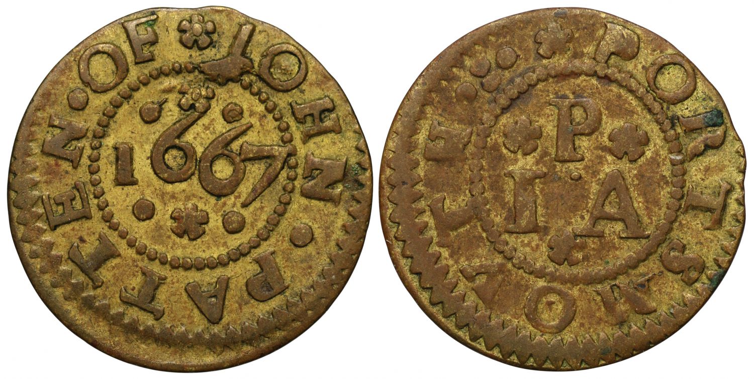 17th Century Farthing Token 1667 Hampshire, Portsmouth, John Patten