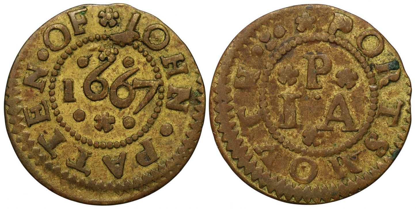 17th Century Farthing Token 1667 Hampshire, Portsmouth, John Patten