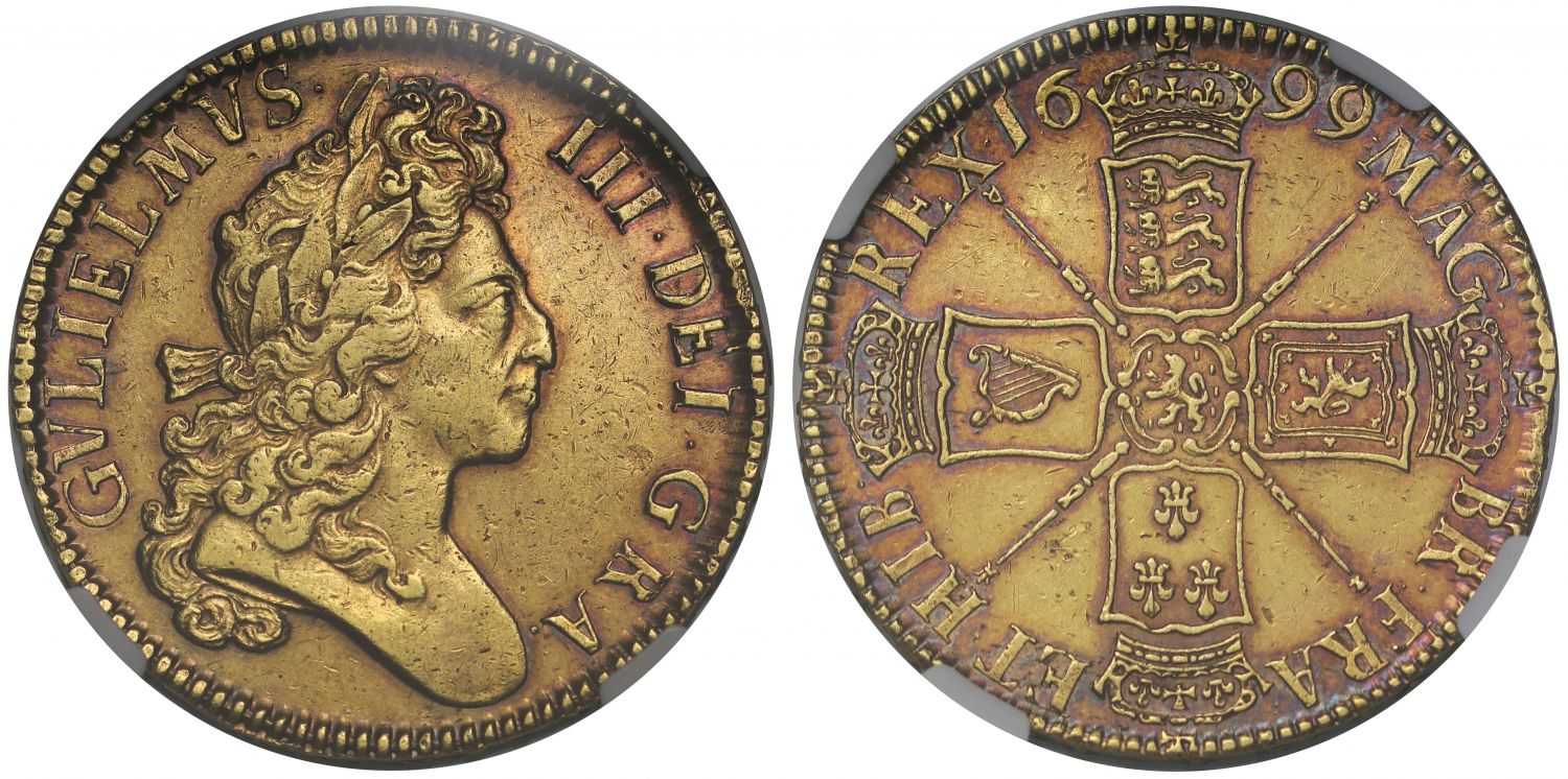 William III 1699 Five Guineas, AU53, 1st year for denomination in reign, ex Sincona British