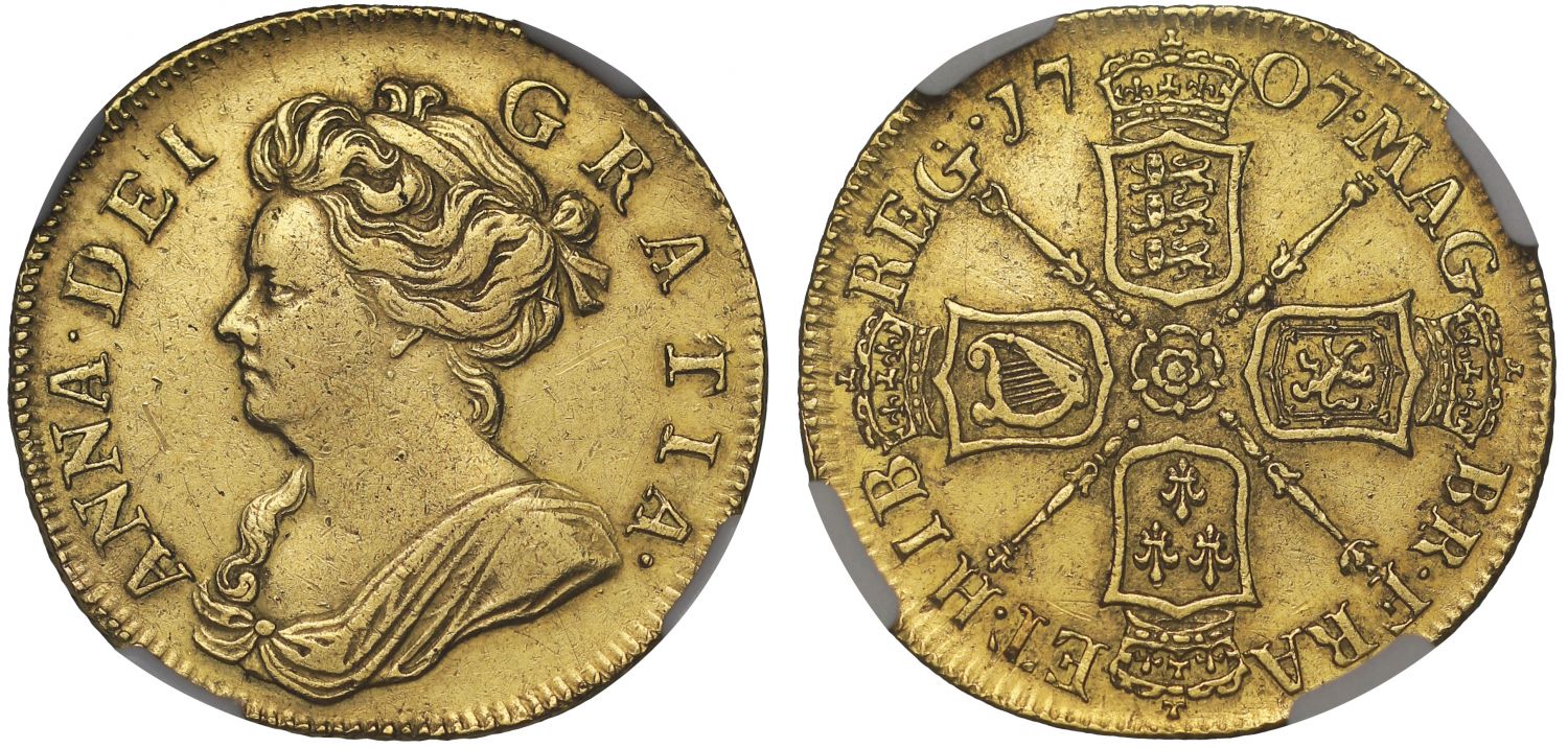 Anne 1707 Guinea, Pre-Union reverse very rare, AU Details cleaned