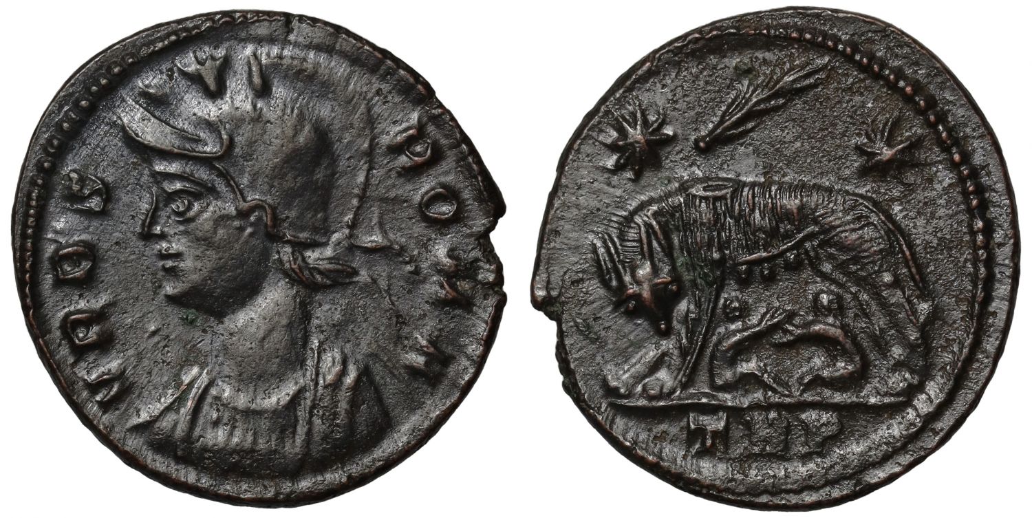 *Era of Constantine the Great (AD 306-337), bronze coin celebrating the founding of Rome.