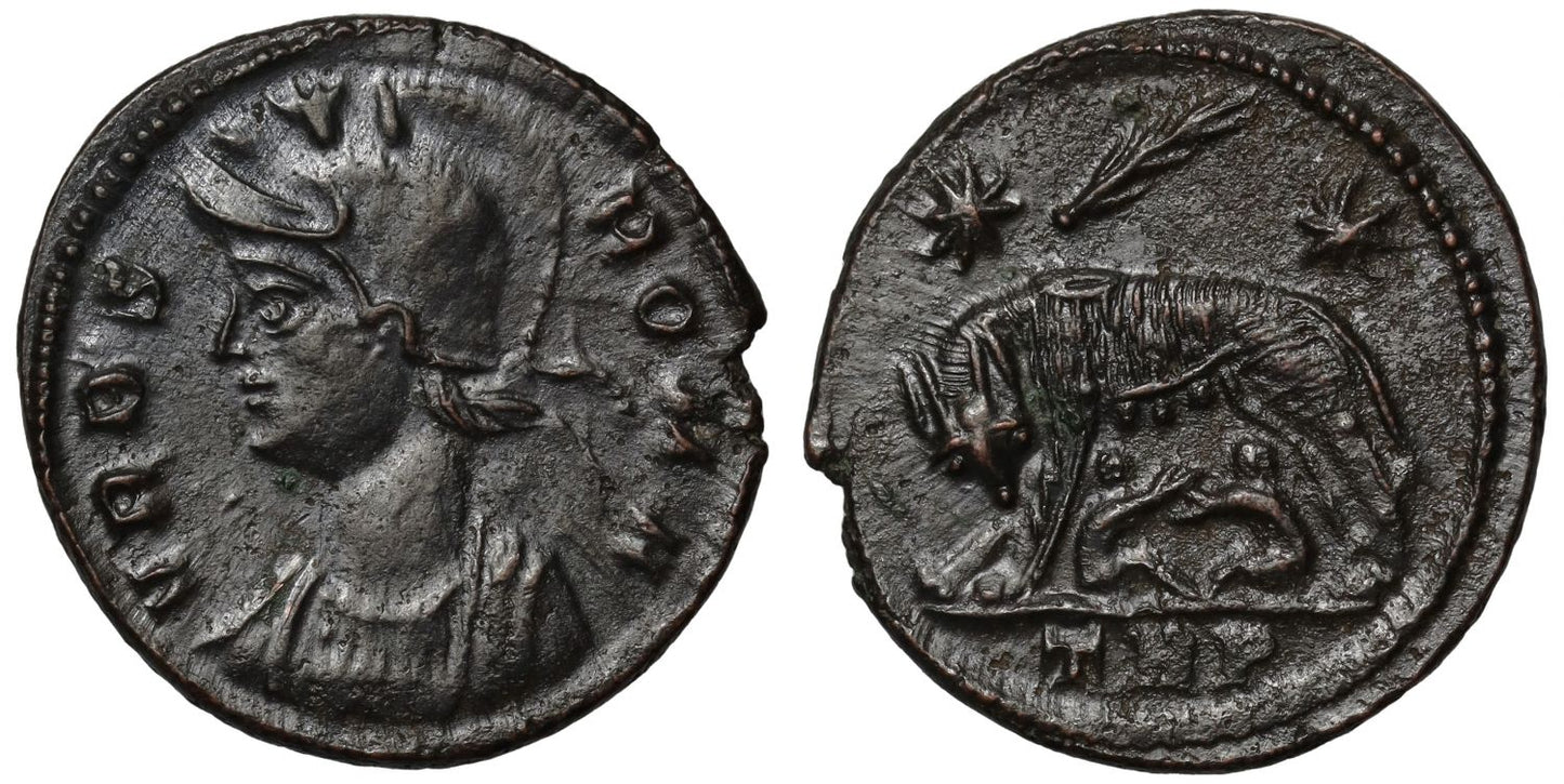 *Era of Constantine the Great (AD 306-337), bronze coin celebrating the founding of Rome.