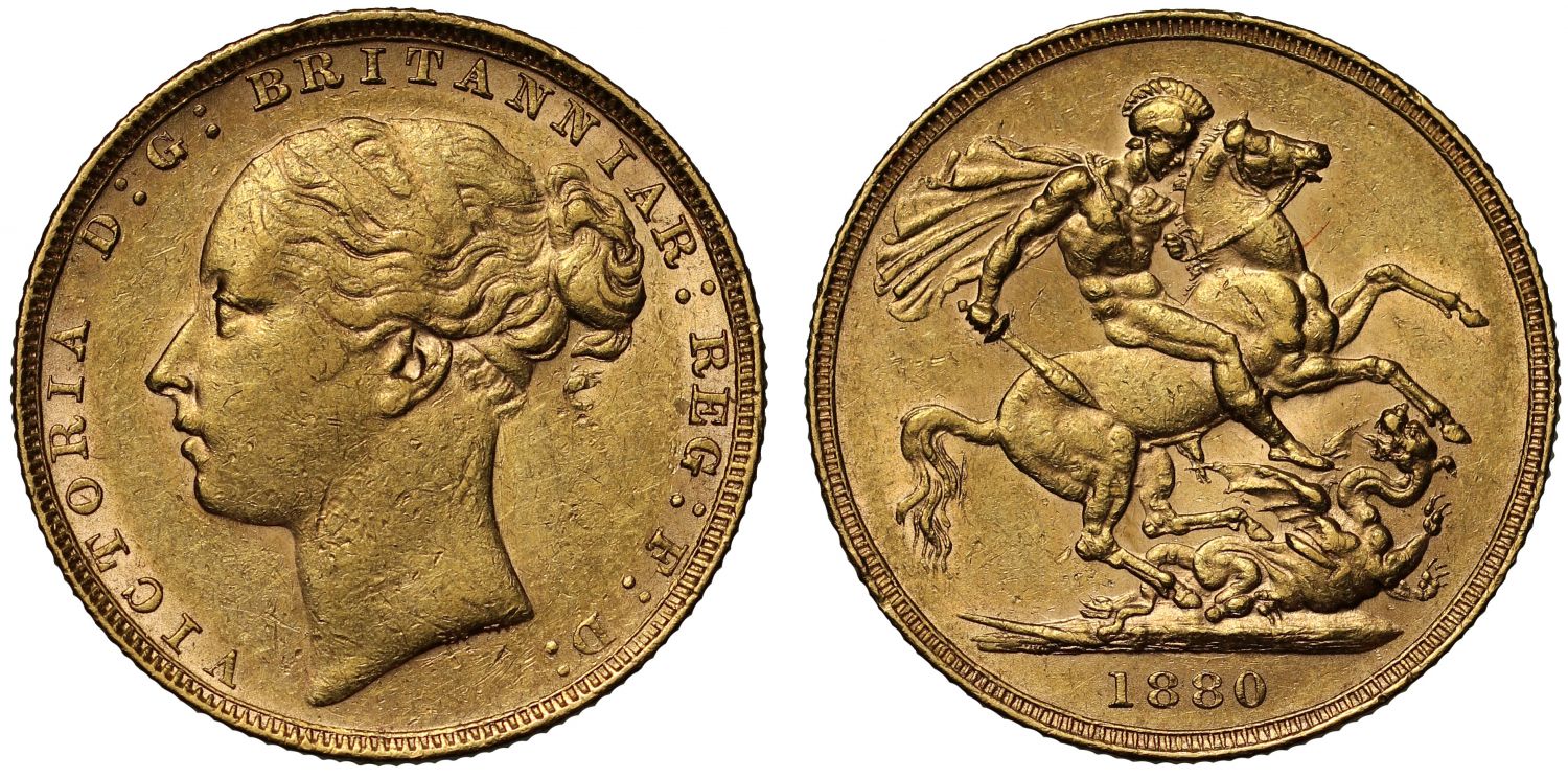 Victoria 1880 Sovereign St George, only slight trace of BP