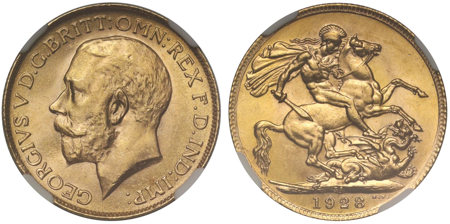 George V 1928-SA Sovereign Pretoria Mint MS65