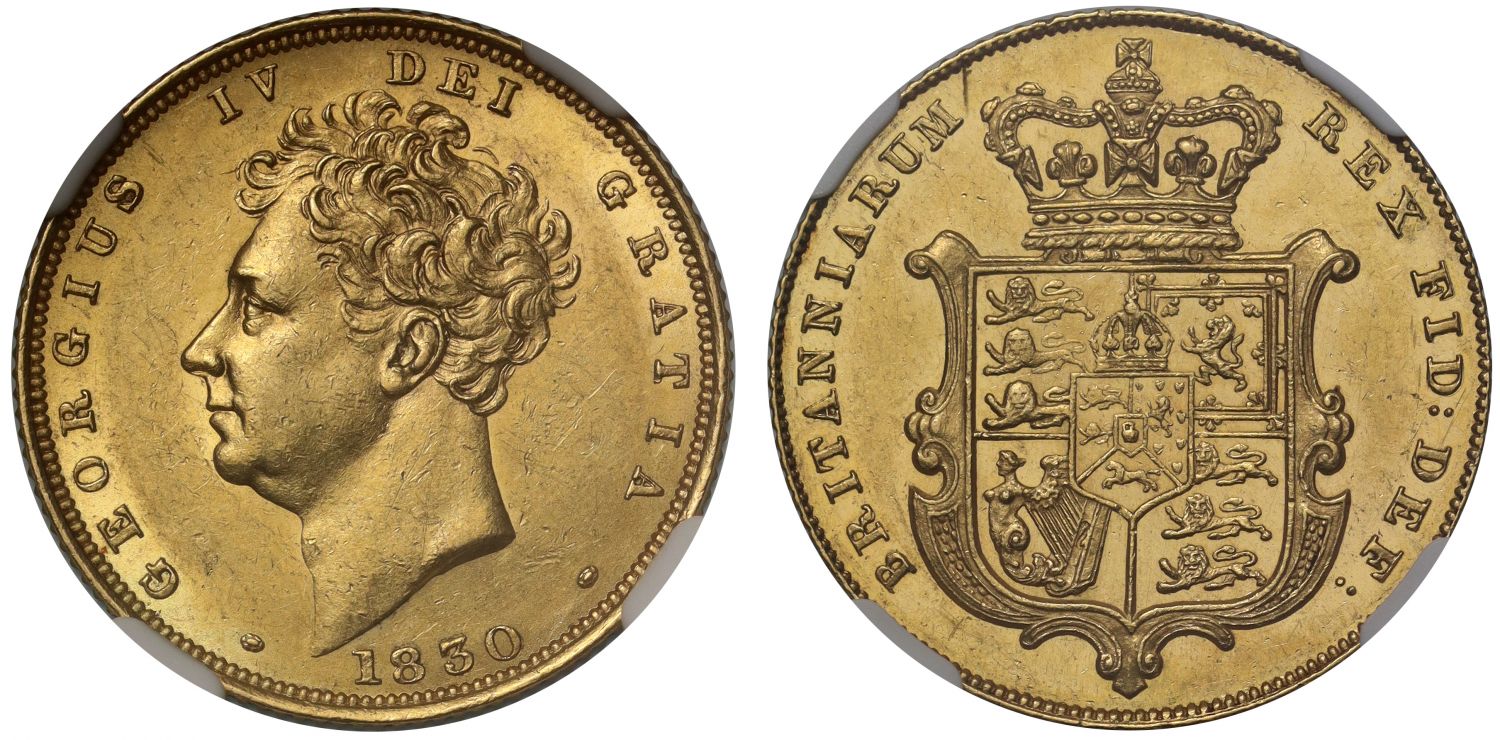 George IV 1830 Sovereign, bare head, AU58, final year