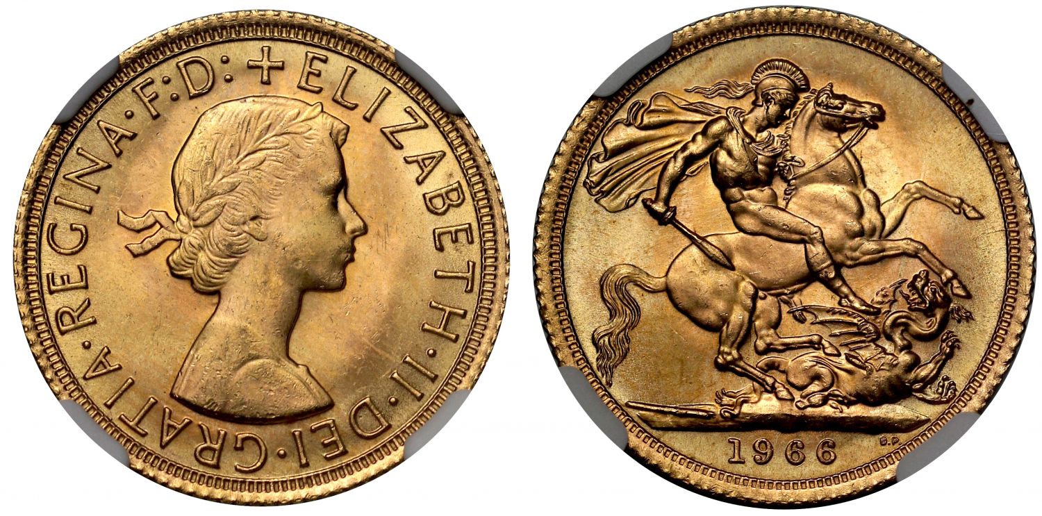 Elizabeth II 1966 Sovereign MS65, young head by Gillick