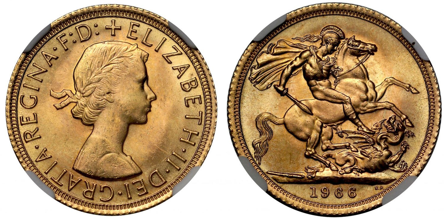 Elizabeth II 1966 Sovereign MS65, young head by Gillick