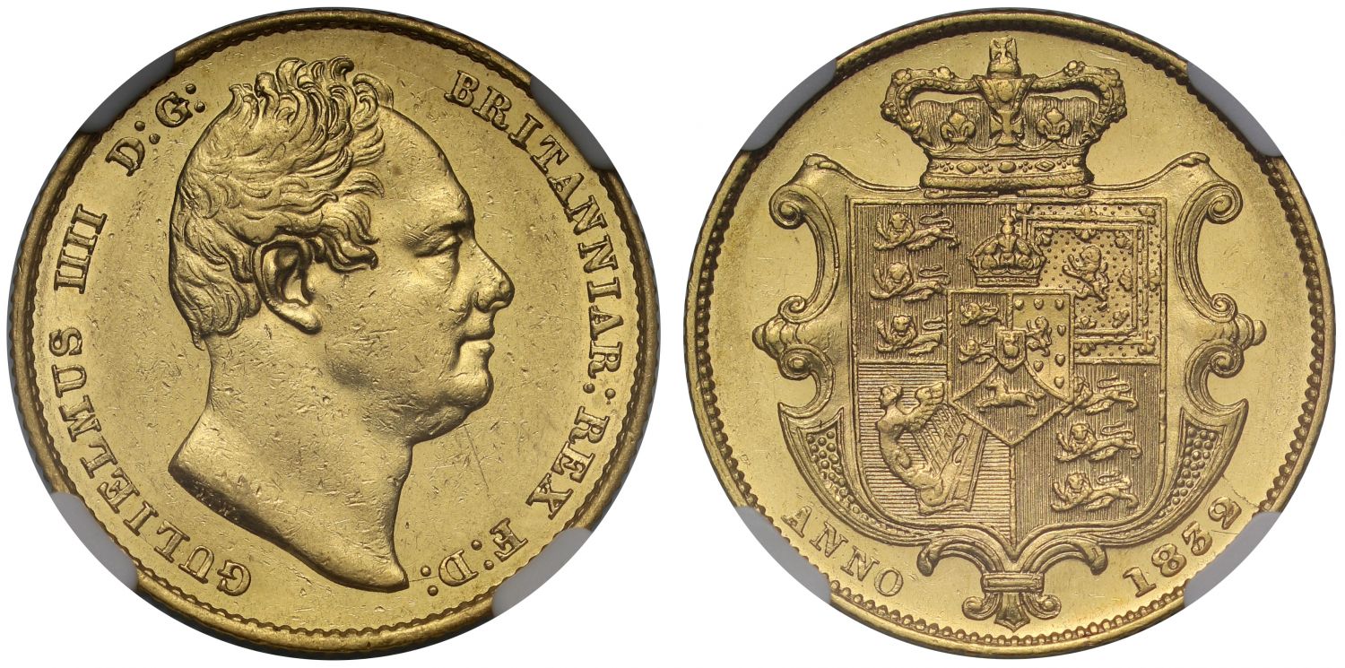 William IV 1832 Sovereign AU55, second bust, nose points to I of legend