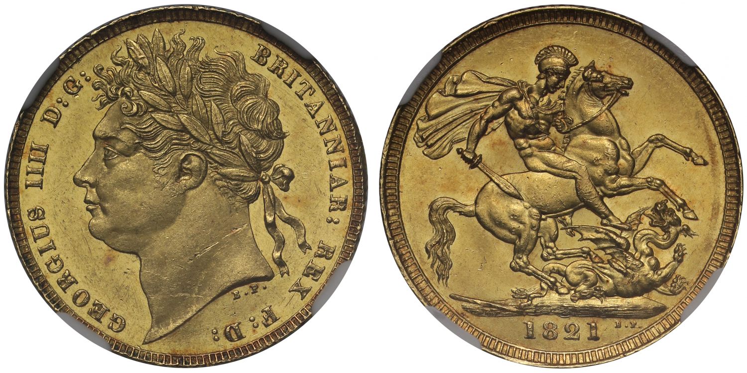 George IV 1821 Sovereign first date for reign MS63*, ex Distinguished and St. Albans collections