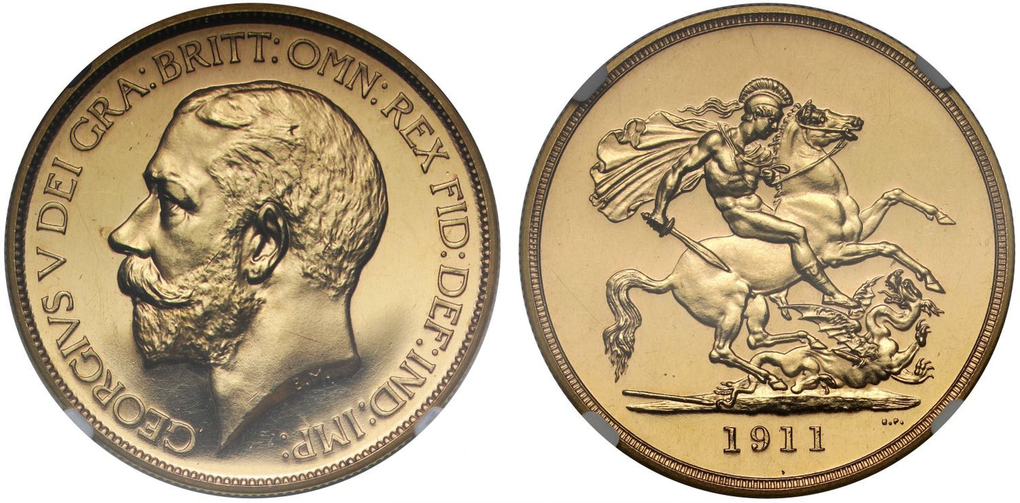 George V 1911 proof Five-Pounds PF62 Coronation issue, ex Warth