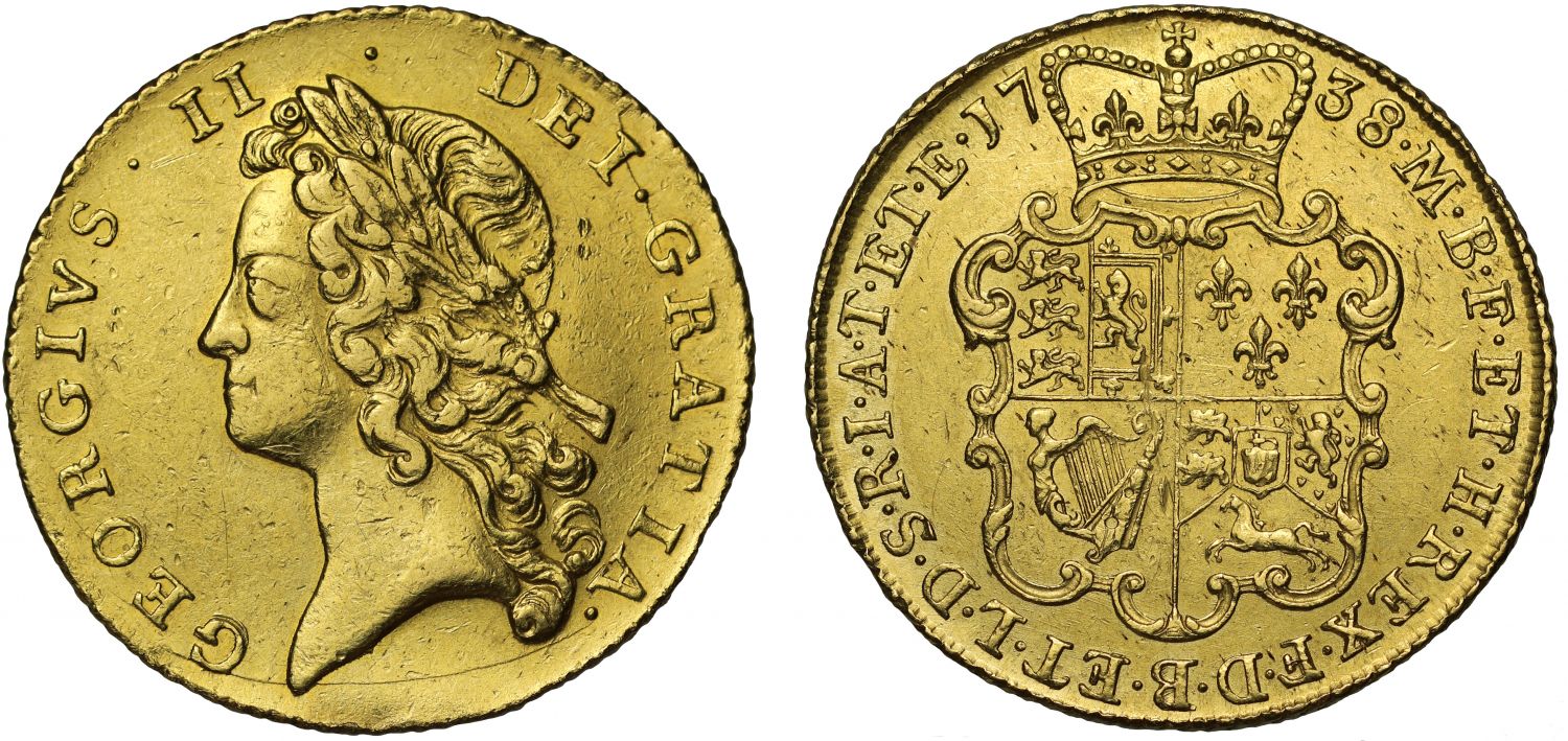 George II 1738 Two-Guineas, young head, 8 harp strings Schneider dies 4/5