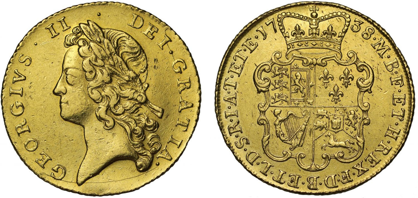 George II 1738 Two-Guineas, young head, 8 harp strings Schneider dies 4/5