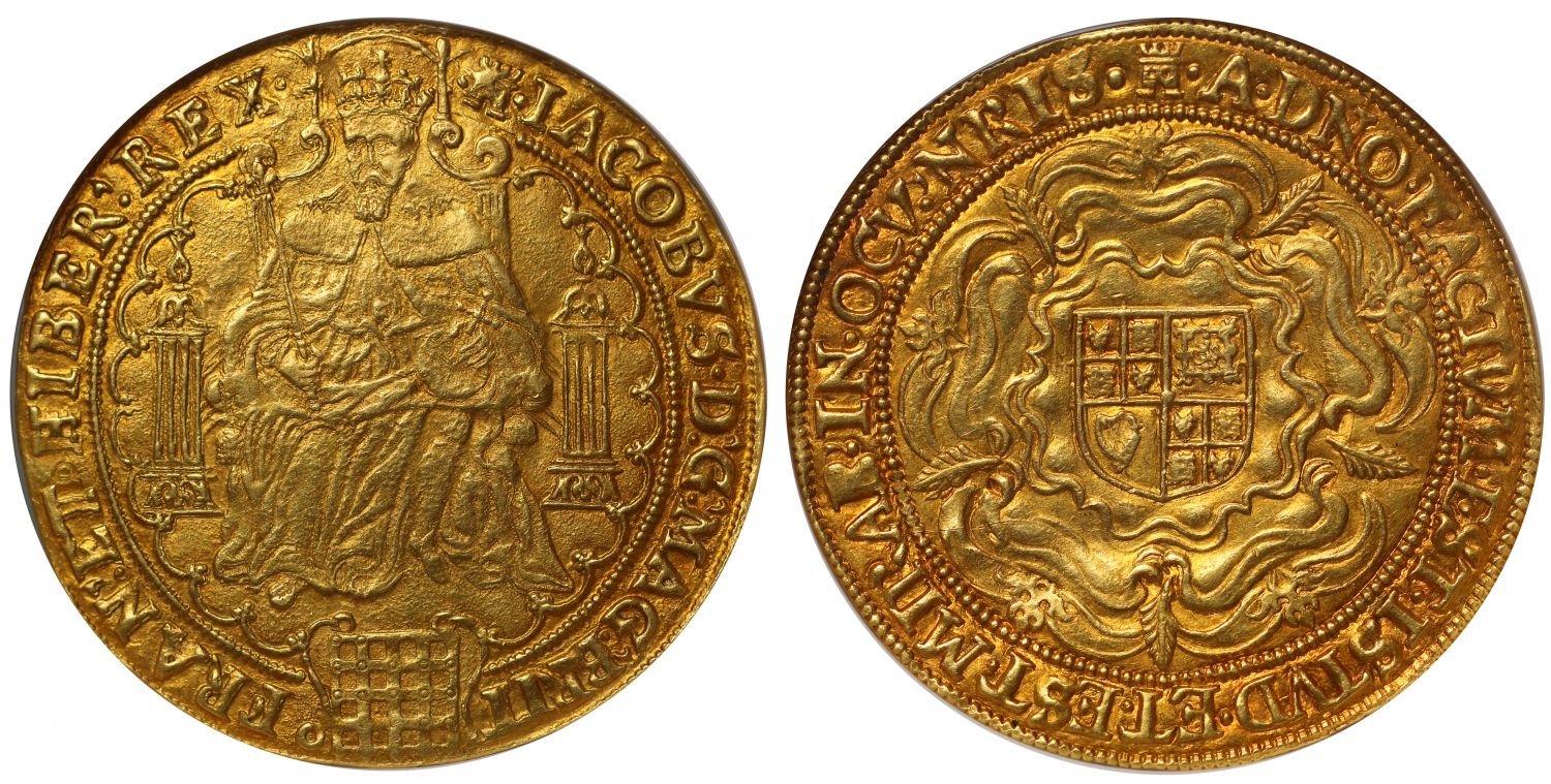 James I fine gold Rose Ryal, 2nd coinage finest graded of mm Tower NGC MS61
