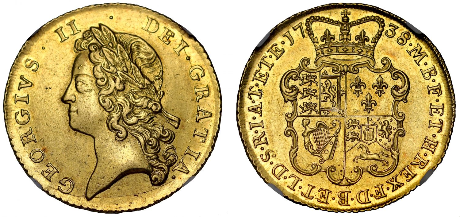 George II 1738 Two-Guinea, young head dies 4/5 AU58