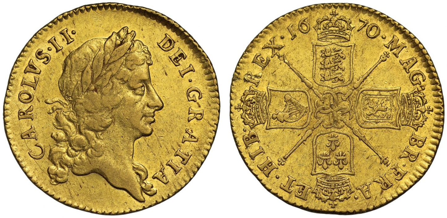 Charles II 1670 Guinea, 3rd bust, AU53