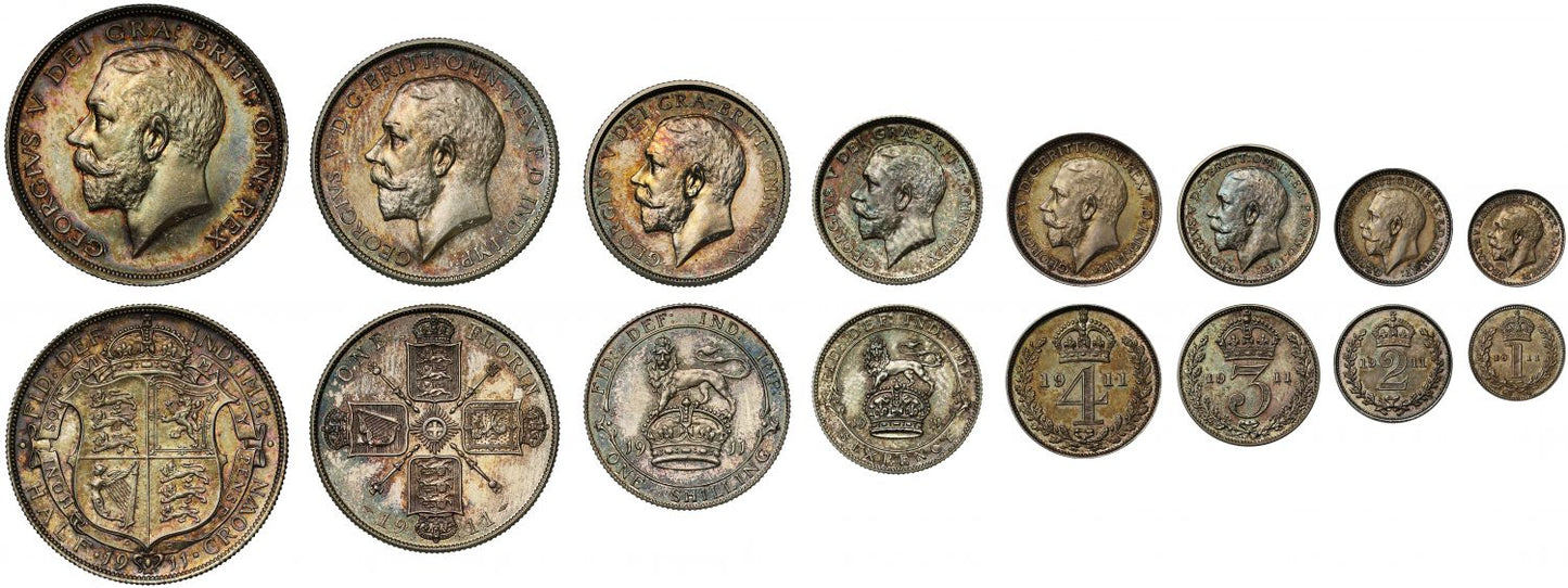 George V 1911 8-coin silver proof Set in dated case, Coronation issue