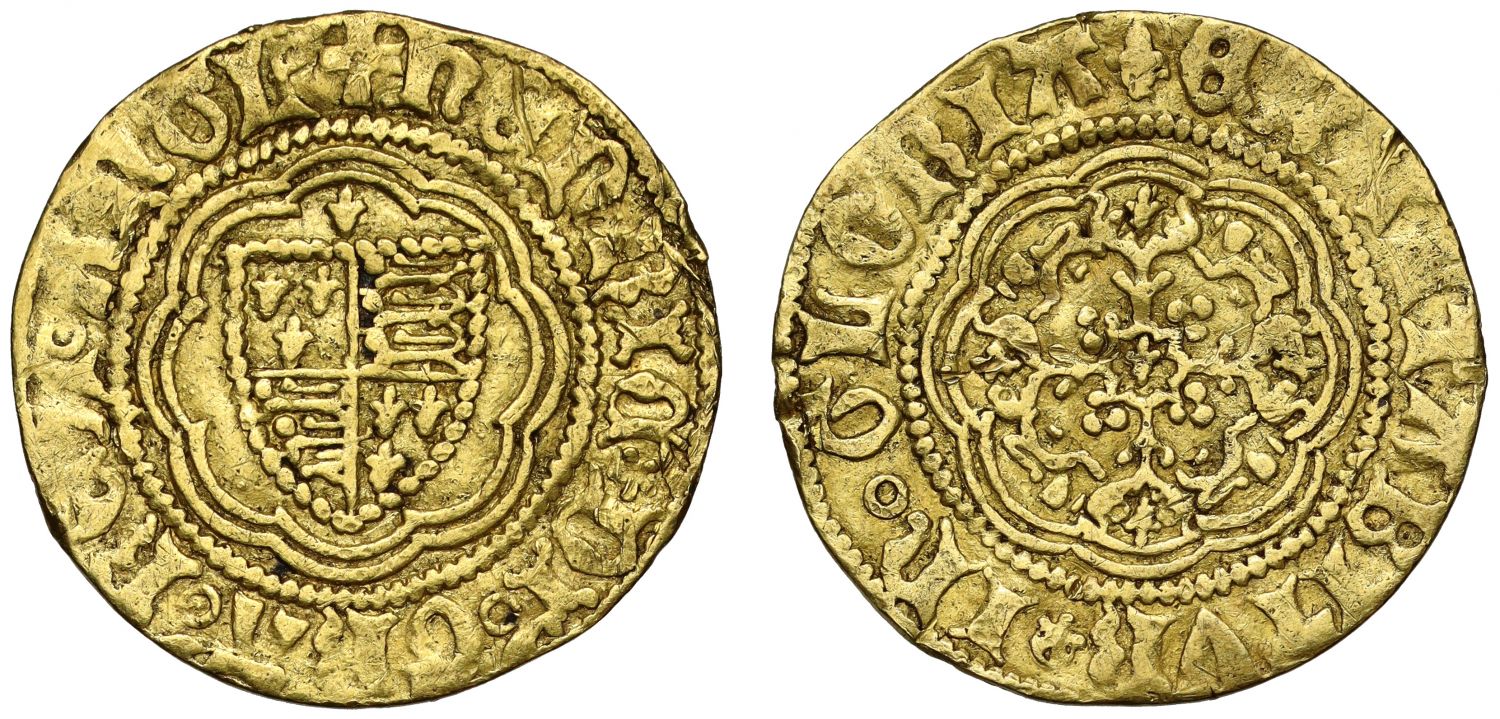Henry V / Henry VI mule Quarter-Noble, mint mark pierced cross / lis Ext. Rare