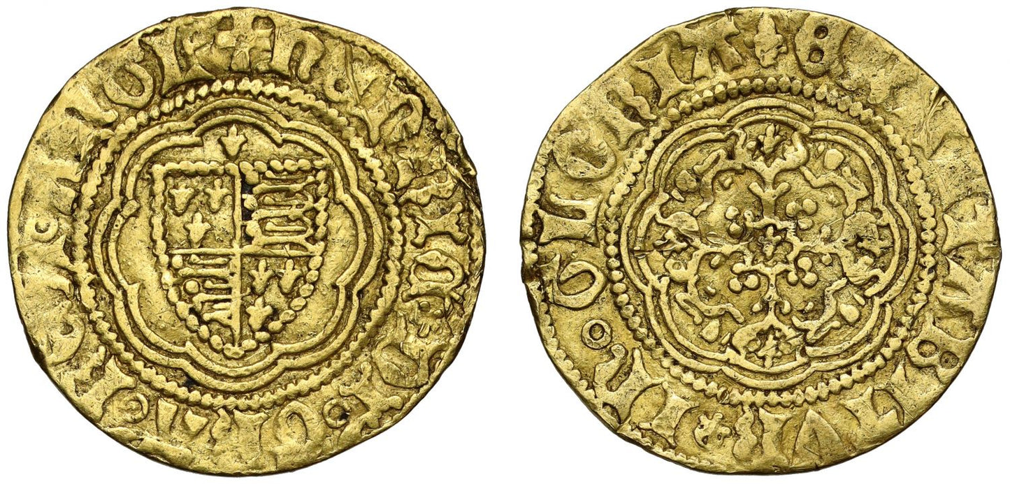 Henry V / Henry VI mule Quarter-Noble, mint mark pierced cross / lis Ext. Rare