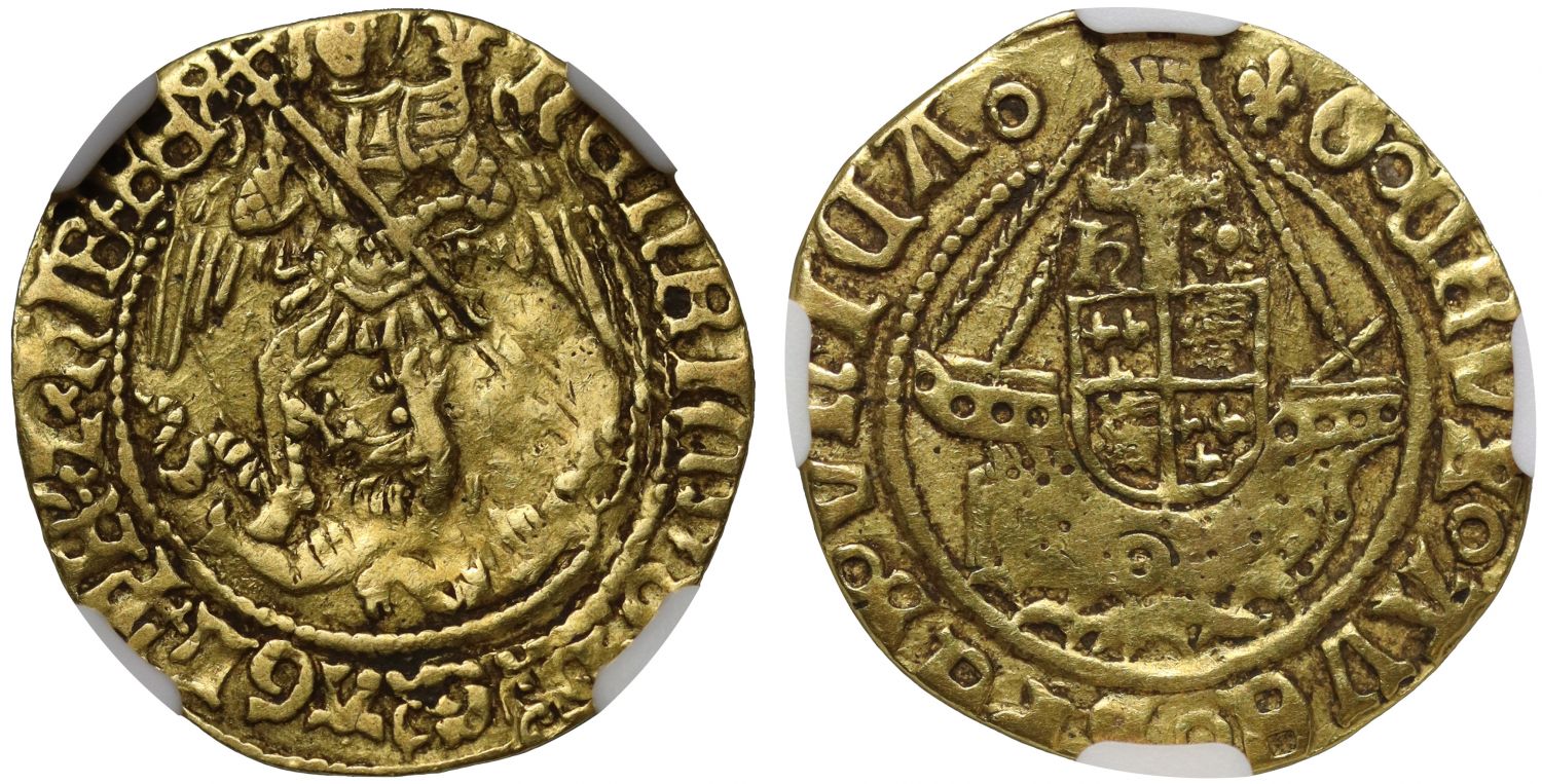 Henry VIII Third coinage Half-Angel, annulet on hull, mm lis NGC XF40