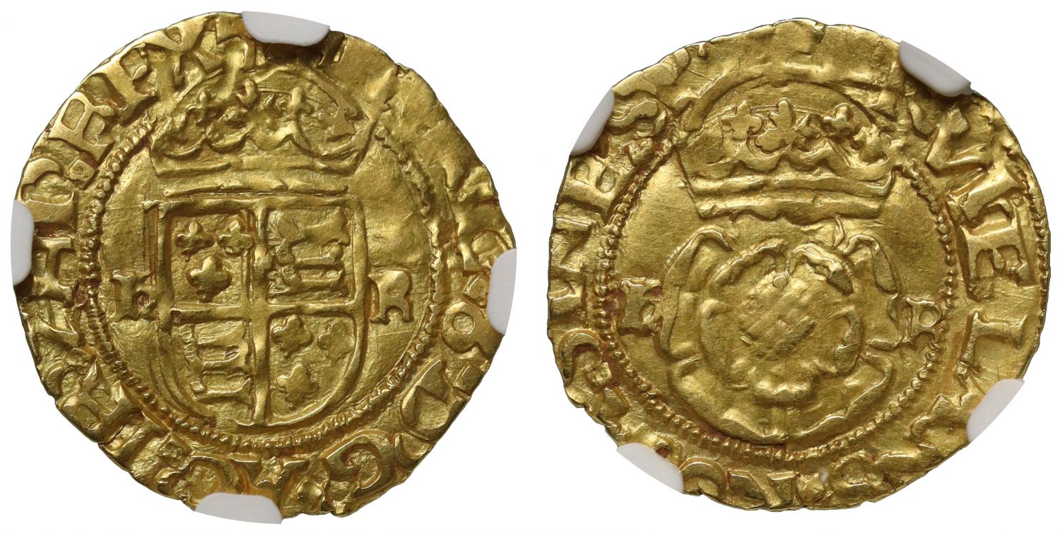 Henry VIII gold Halfcrown, Southwark, AU53, spelling error RVIELANS