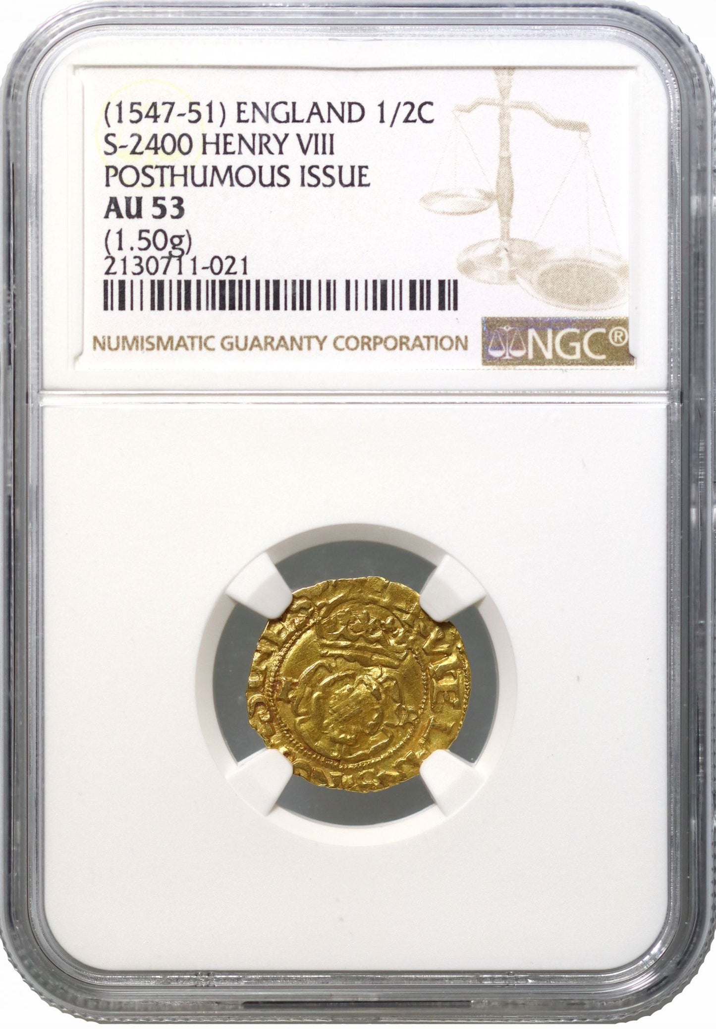 Henry VIII gold Halfcrown, Southwark, AU53, spelling error RVIELANS