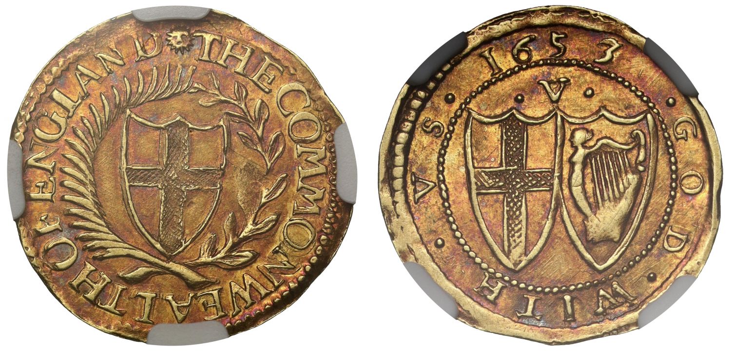 Commonwealth 1653 gold Crown AU58, date with 3 over 2