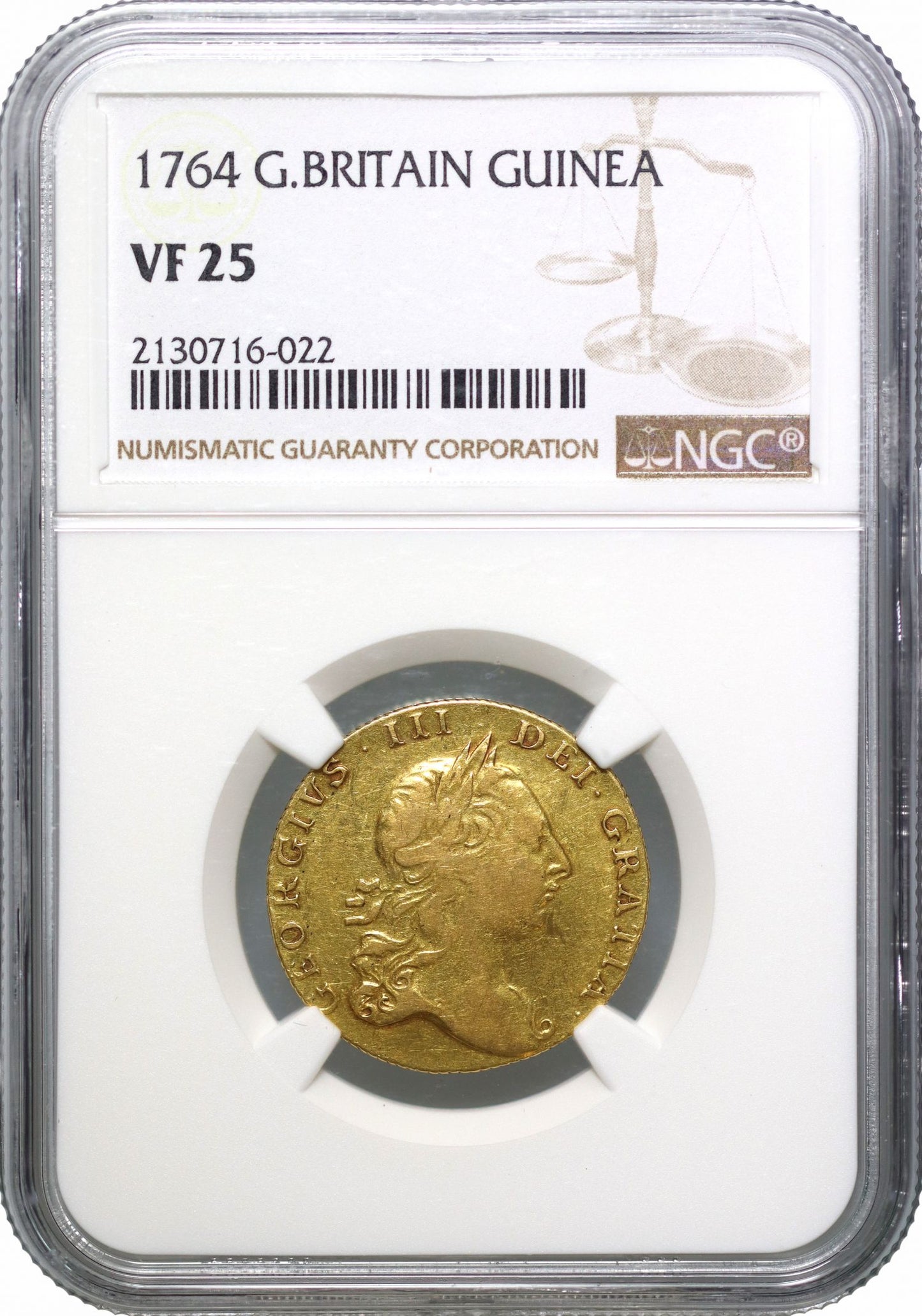 George III 1764 Guinea, VF25, no stop over head