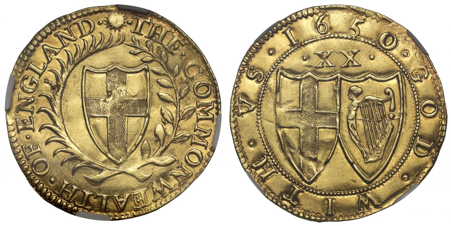 Commonwealth 1650 Unite of Twenty Shillings AU58, 16 leaf obverse