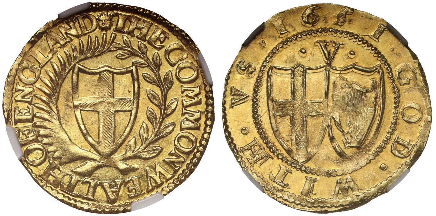 Commonwealth 1651 gold Crown of Five Shillings MS65, no obverse stops