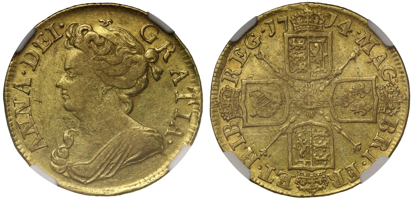 Anne 1714 Guinea XF40, third bust, ex Ellerby treasure